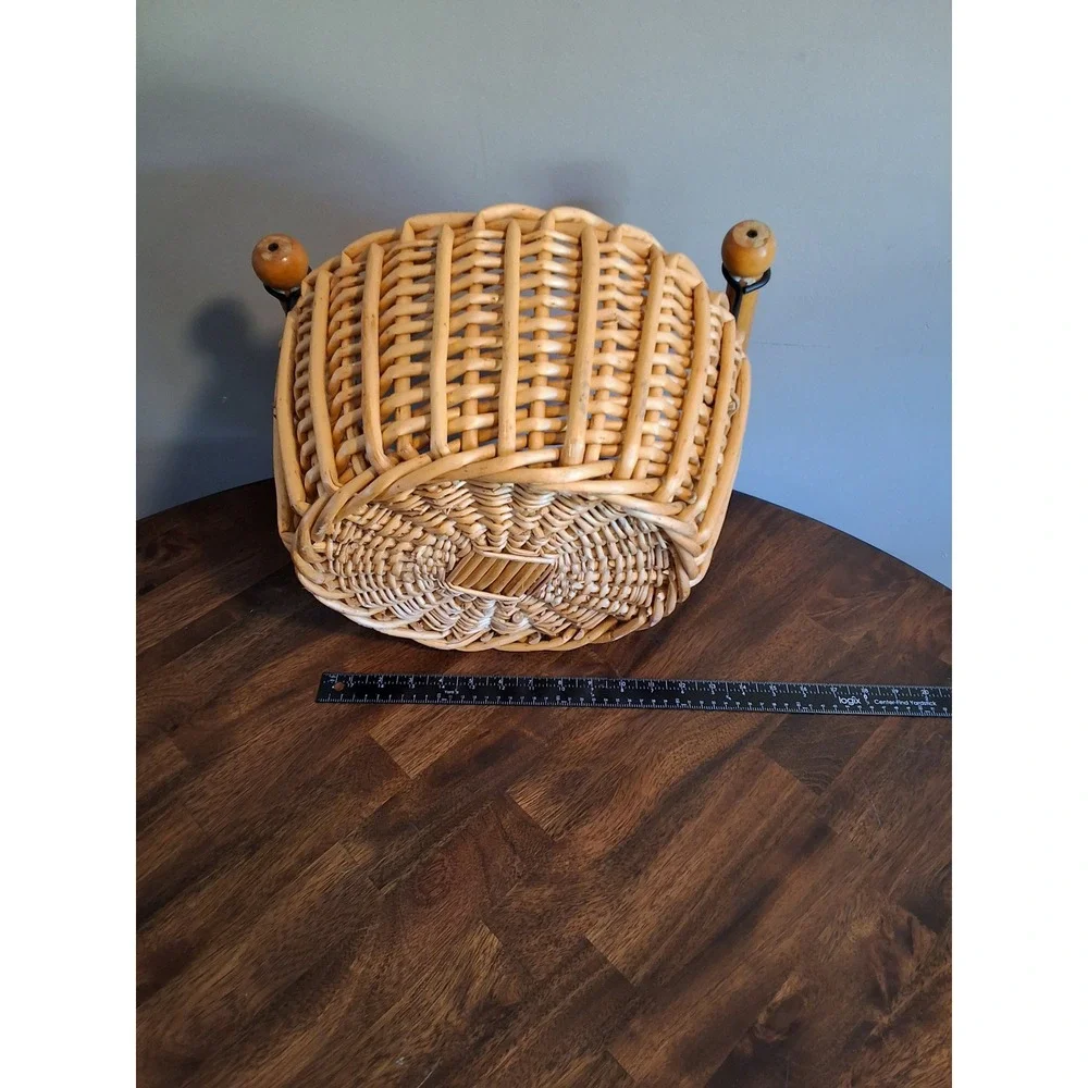 Vintage Round Wicker Basket with Wood Dowel Handles Natural Rattan Storage 10in